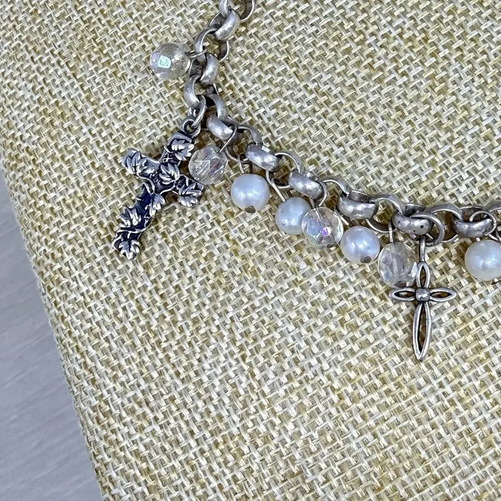 Vintage 925 Religious 5 Cross Charm Bracelet Sterling Silver Christian